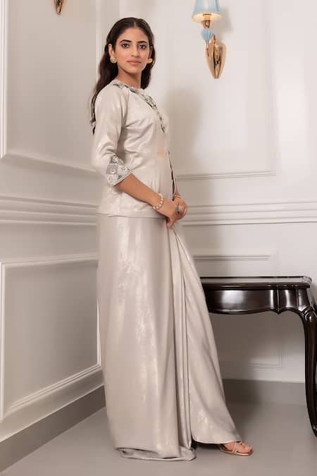 Shop_Nidhi Kejriwal_Gray Sequins, Beads V-neck Embroidered Jacket And Draped Skirt Set _Online_at_Aza_Fashions