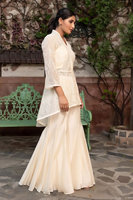 Nidhi Kejriwal_Off White Chanderi, Organza Embroidery, Sequins Wired Design Flared Coat Set _Online_at_Aza_Fashions