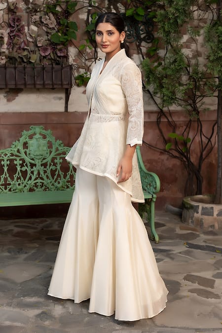 Buy_Nidhi Kejriwal_Off White Chanderi, Organza Embroidery, Sequins Wired Design Flared Coat Set _Online_at_Aza_Fashions