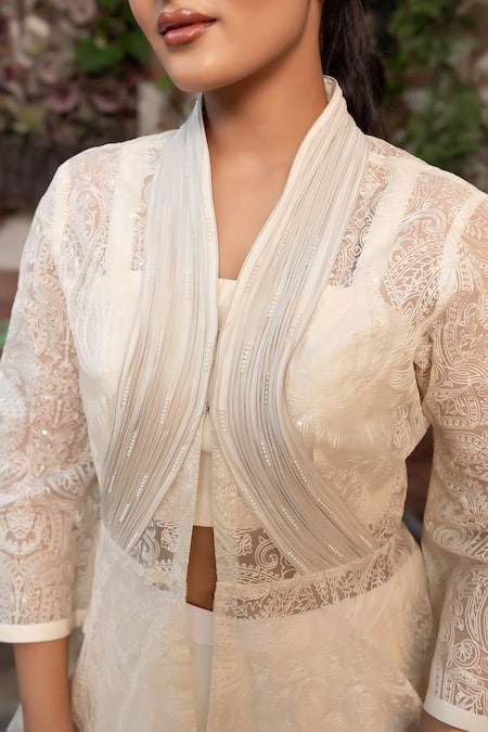 Shop_Nidhi Kejriwal_Off White Chanderi, Organza Embroidery, Sequins Wired Design Flared Coat Set _Online_at_Aza_Fashions