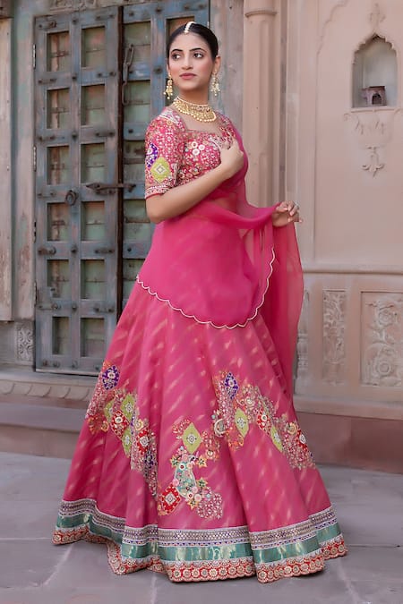 Nidhi Kejriwal_Pink Georgette, Silk, Organza Embroidery, Chanderi Floral Thread And Lehenga Set _Online_at_Aza_Fashions