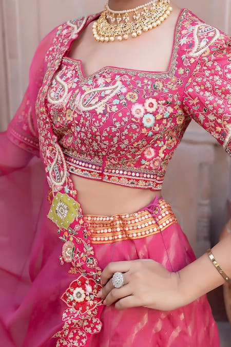 Buy_Nidhi Kejriwal_Pink Georgette, Silk, Organza Embroidery, Chanderi Floral Thread And Lehenga Set _Online_at_Aza_Fashions