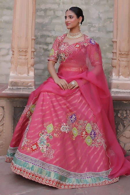 Shop_Nidhi Kejriwal_Pink Georgette, Silk, Organza Embroidery, Chanderi Floral Thread And Lehenga Set _Online_at_Aza_Fashions