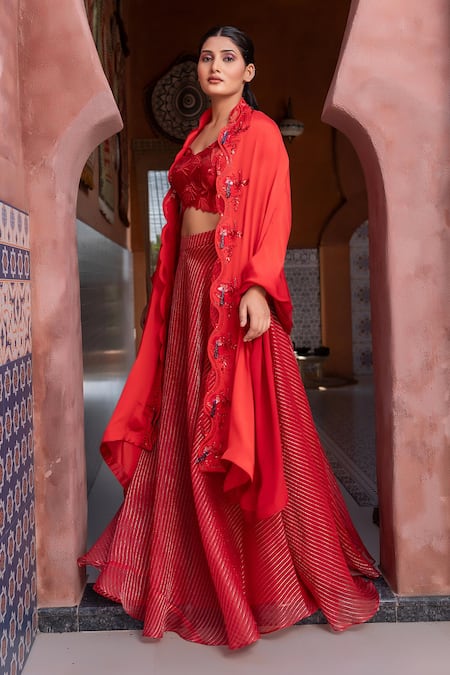 Buy_Nidhi Kejriwal_Maroon Organza, Chiffon Sequins, Beads, Embroidery Cutwork Blouse Lehenga Set _Online_at_Aza_Fashions