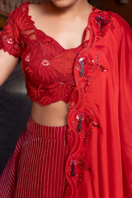 Nidhi Kejriwal_Maroon Organza, Chiffon Sequins, Beads, Embroidery Cutwork Blouse Lehenga Set _at_Aza_Fashions