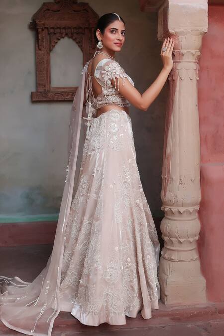 Shop_Nidhi Kejriwal_Ivory Organza, Tissue, Net Sequins, Pearls, Crystals, Handwork Lehenga Set  _Online_at_Aza_Fashions