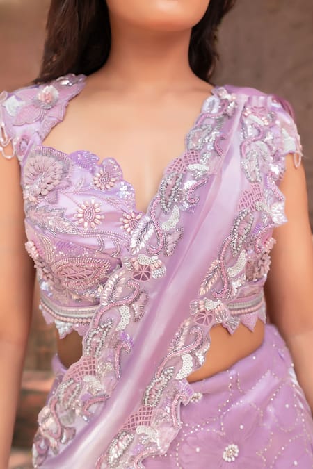 Nidhi Kejriwal_Purple Organza, Net Sequins, Handwork Embellished Lehenga Saree With Blouse _Online_at_Aza_Fashions