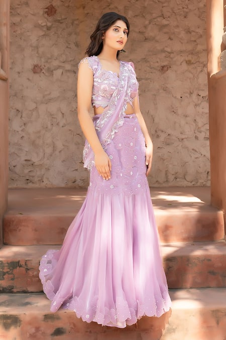 Buy_Nidhi Kejriwal_Purple Organza, Net Sequins, Handwork Embellished Lehenga Saree With Blouse _Online_at_Aza_Fashions