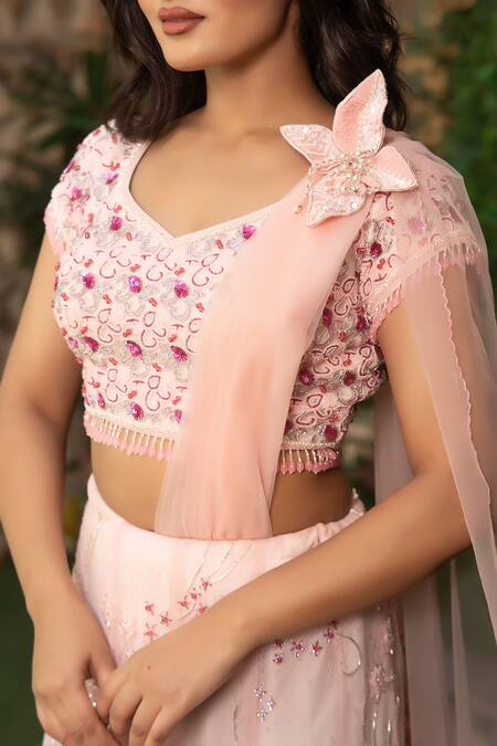 Nidhi Kejriwal_Pink Net Embroidery, Sequins, Chandelier Handwork Lehenga Saree With Blouse _Online_at_Aza_Fashions