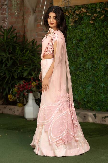 Buy_Nidhi Kejriwal_Pink Net Embroidery, Sequins, Chandelier Handwork Lehenga Saree With Blouse _Online_at_Aza_Fashions