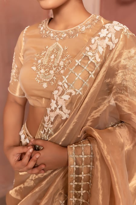 Nidhi Kejriwal_Gold Tissue, Chanderi Sequins, Pearls, Embellished Lehenga Blouse And Dupatta Set _Online_at_Aza_Fashions
