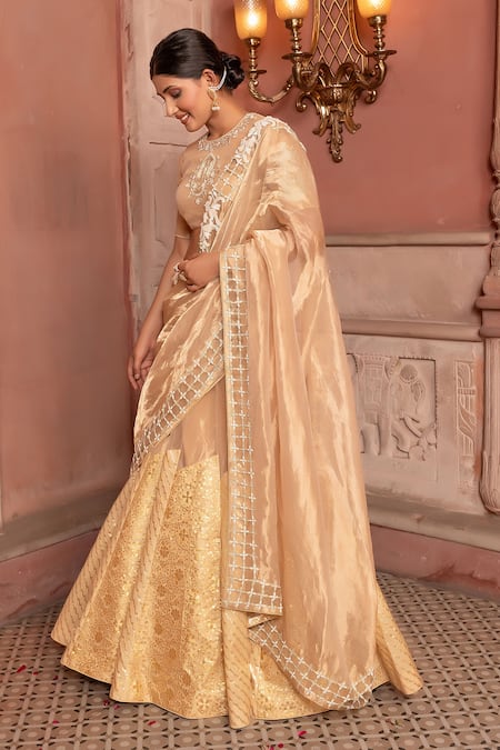 Buy_Nidhi Kejriwal_Gold Tissue, Chanderi Sequins, Pearls, Embellished Lehenga Blouse And Dupatta Set _Online_at_Aza_Fashions