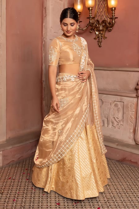 Shop_Nidhi Kejriwal_Gold Tissue, Chanderi Sequins, Pearls, Embellished Lehenga Blouse And Dupatta Set _Online_at_Aza_Fashions