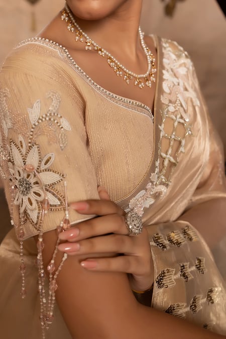 Nidhi Kejriwal_Gold Organza, Brocade, Silk Sequins, Pearls, Embroidered Saree With Blouse _Online_at_Aza_Fashions