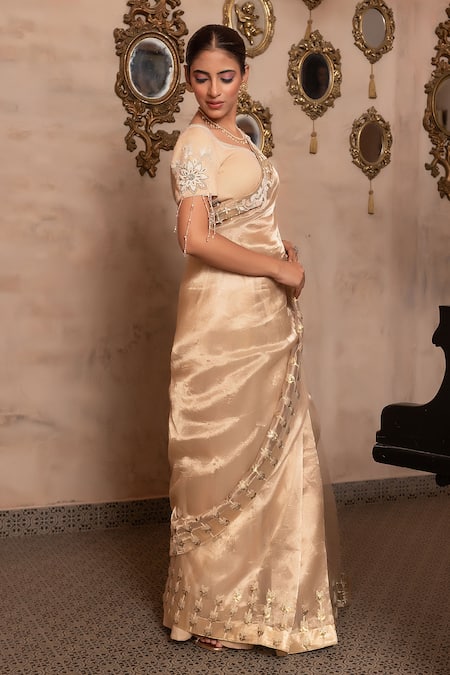 Buy_Nidhi Kejriwal_Gold Organza, Brocade, Silk Sequins, Pearls, Embroidered Saree With Blouse _Online_at_Aza_Fashions