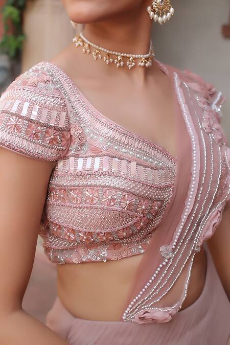Nidhi Kejriwal_Rose Gold Satin, Net Ribbons, Beads, Fish Cut Pleated Lehenga Saree With Blouse _Online_at_Aza_Fashions