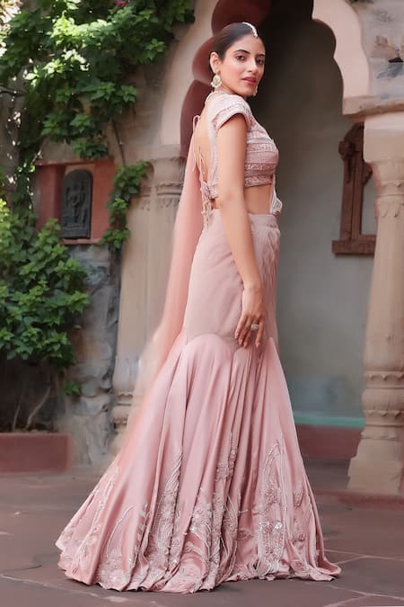 Buy_Nidhi Kejriwal_Rose Gold Satin, Net Ribbons, Beads, Fish Cut Pleated Lehenga Saree With Blouse _Online_at_Aza_Fashions