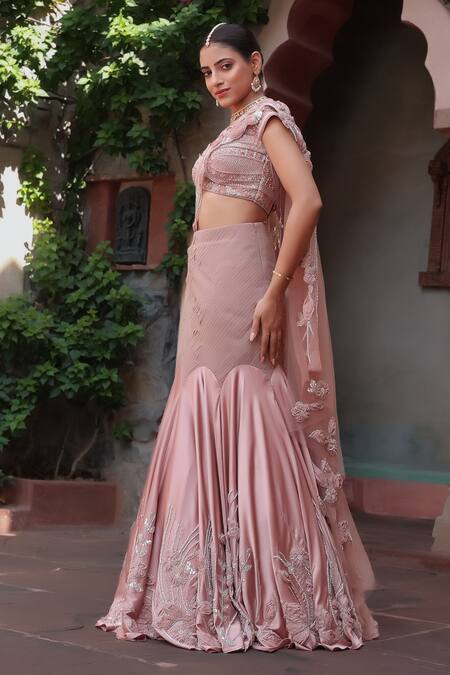 Shop_Nidhi Kejriwal_Rose Gold Satin, Net Ribbons, Beads, Fish Cut Pleated Lehenga Saree With Blouse _Online_at_Aza_Fashions