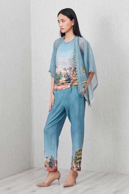 RANNA GILL_Teal Jersey Embroidery Collared, Racerback, Round Elle Printed Jacket With Top_Online_at_Aza_Fashions