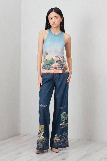 Buy_RANNA GILL_Teal Jersey Embroidery Collared, Racerback, Round Elle Printed Jacket With Top_Online_at_Aza_Fashions