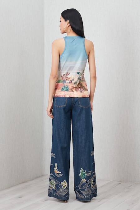 RANNA GILL_Teal Jersey Embroidery Collared, Racerback, Round Elle Printed Jacket With Top_at_Aza_Fashions