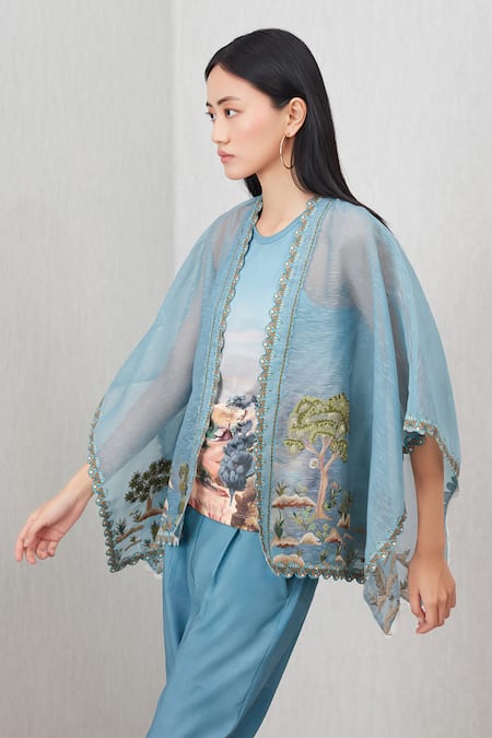 Buy_RANNA GILL_Teal Jersey Embroidery Collared, Racerback, Round Elle Printed Jacket With Top