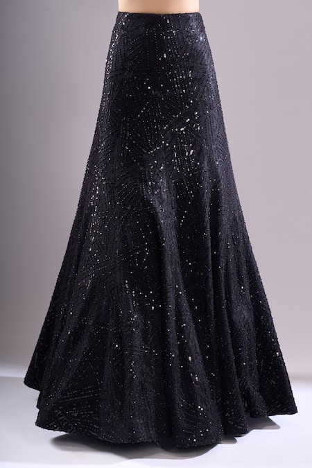 Shop_Samyukta Singhania_Black Net Sequins, Embroidery Sweetheart Neck, Geometric Hand Lehenga Set _Online_at_Aza_Fashions