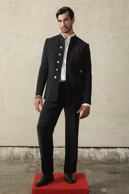 Tisa - Men_Black Viscose, Polyester, Terrycloth, Silk Structured Bandhgala And Pant Set _at_Aza_Fashions