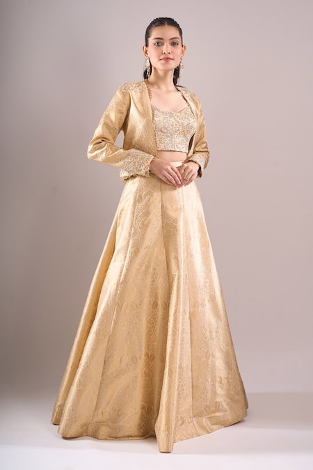 Shop_Samyukta Singhania_Gold Brocade Embroidery, Sequins Sweetheart Neck, Hand Lehenga Set With Cape _Online_at_Aza_Fashions