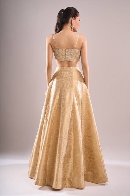 Shop_Samyukta Singhania_Gold Brocade Embroidery, Sequins Sweetheart Neck, Hand Lehenga Set With Cape 