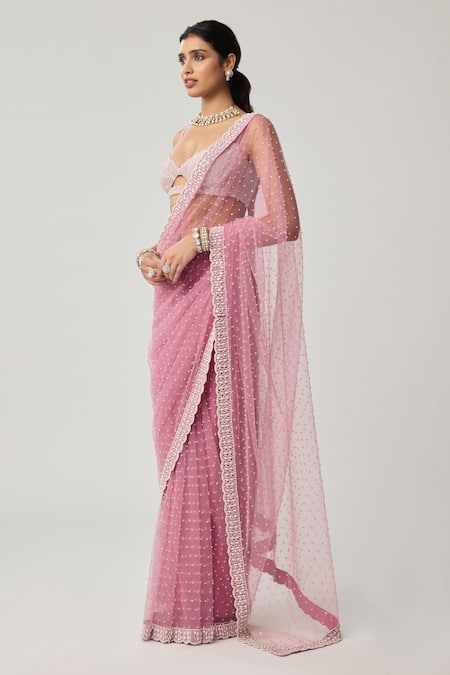 Vvani By Vani Vats_Pink Net, Georgette Pearls, Mirrors, Sequins, Scattered Saree With Blouse _at_Aza_Fashions