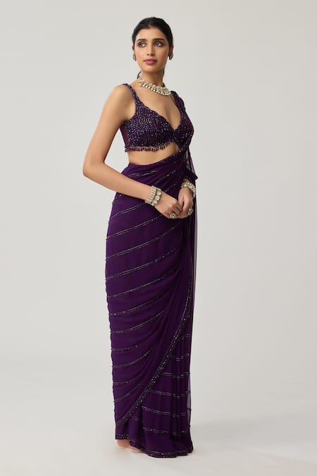 Buy Vvani By Vani Vats Purple Georgette Crystals, Beads V-neck Saree With Embroidered Blouse Buy_Vvani By Vani Vats_Purple Georgette Crystals, Beads V-neck Saree With Embroidered Blouse