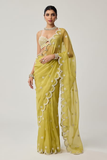 Vvani By Vani Vats_Green Organza, Georgette Mirrors, Pearls, Embroidery Saree With Blouse _at_Aza_Fashions
