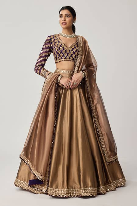 Shop_Vvani By Vani Vats_Brown Organza, Georgette Gota Patti, Mirrors, Mughal Motif Blouse Lehenga Set 