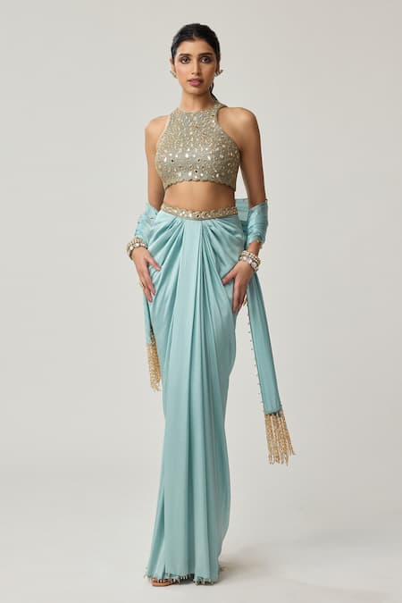 Vvani By Vani Vats Mirror Blouse & Satin Draped Skirt Set 