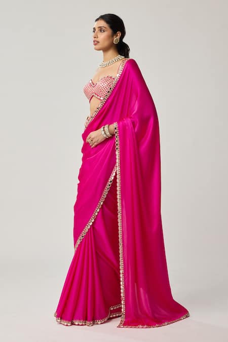 Shop_Vvani By Vani Vats_Fuchsia Satin, Georgette Mirrors, Gota Patti, Bordered Saree With Blouse _Online_at_Aza_Fashions