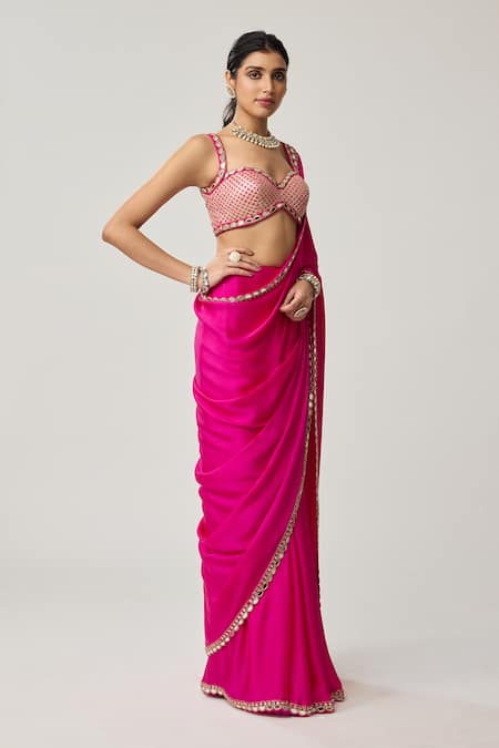 Vvani By Vani Vats_Fuchsia Satin, Georgette Mirrors, Gota Patti, Bordered Saree With Blouse _at_Aza_Fashions