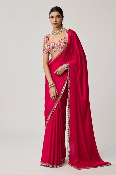 Vvani By Vani Vats_Red Satin, Georgette Mirrors, Gota Patti, Bordered Saree With Blouse _Online_at_Aza_Fashions