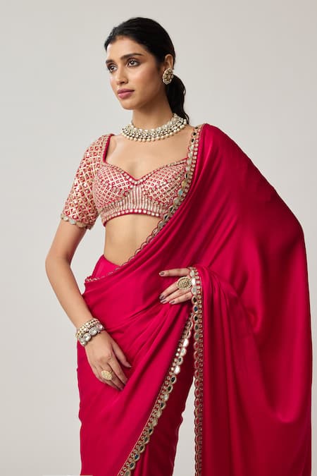 Buy_Vvani By Vani Vats_Red Satin, Georgette Mirrors, Gota Patti, Bordered Saree With Blouse _Online_at_Aza_Fashions