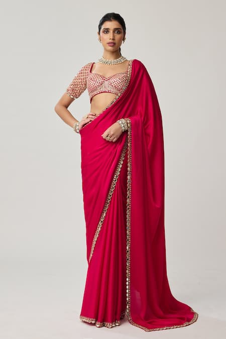 Shop_Vvani By Vani Vats_Red Satin, Georgette Mirrors, Gota Patti, Bordered Saree With Blouse _Online_at_Aza_Fashions