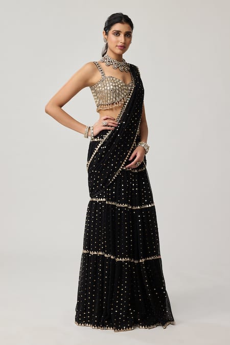 Vvani By Vani Vats_Black Georgette Mirrors, Multi Tiered Pre-draped Lehenga Saree With Blouse _Online_at_Aza_Fashions