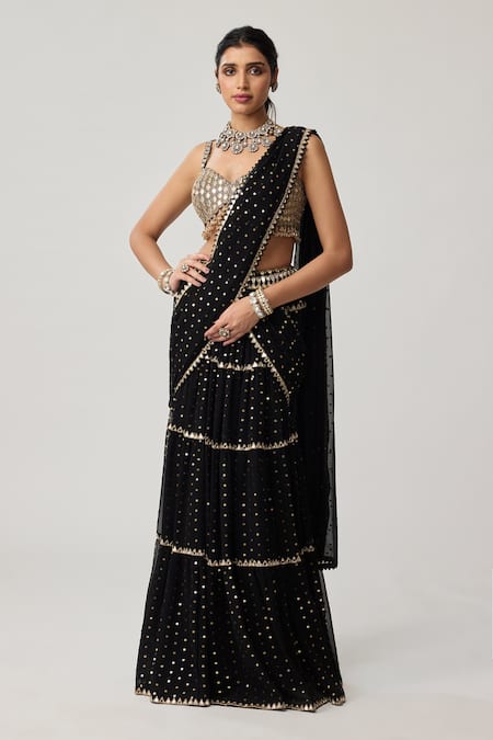 Shop_Vvani By Vani Vats_Black Georgette Mirrors, Multi Tiered Pre-draped Lehenga Saree With Blouse _Online_at_Aza_Fashions