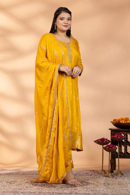 Shop_Mamicha_Yellow Silk Embroidery, Zari Round Neck Sunehri Bahar Kurta Set _Online_at_Aza_Fashions