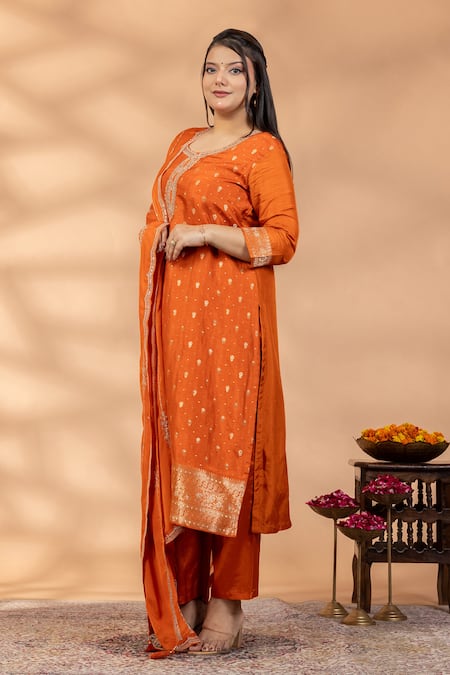 Shop_Mamicha_Orange Silk Embroidery, Zari Round Neck Rooh-e-rust Kurta Set _Online_at_Aza_Fashions