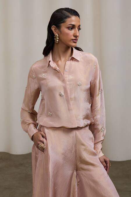 Buy_Sheela Suthar_Peach Tissue Beads, Pearls, Embroidery Collared Shirt And Pant Set _Online_at_Aza_Fashions