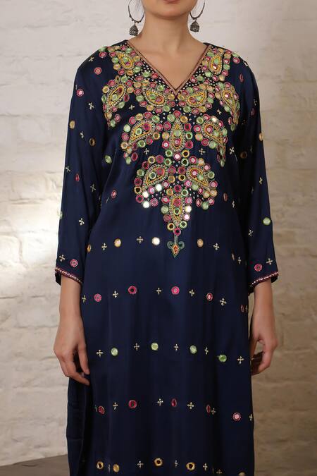 Buy_Sheeshakari_Blue Silk Mirrors, Beads, Embroidery, Zari V-neck Paisley Work Kurta Salwar Set 