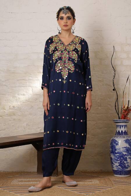 Shop_Sheeshakari_Blue Silk Mirrors, Beads, Embroidery, Zari V-neck Paisley Work Kurta Salwar Set 