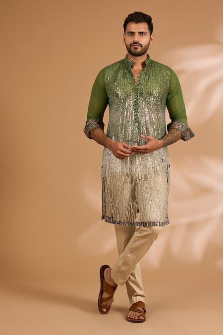 Rabani & Rakha Green Georgette, Cotton, Silk Sequins, Beads And Cutdana Embroidered Kurta Set 