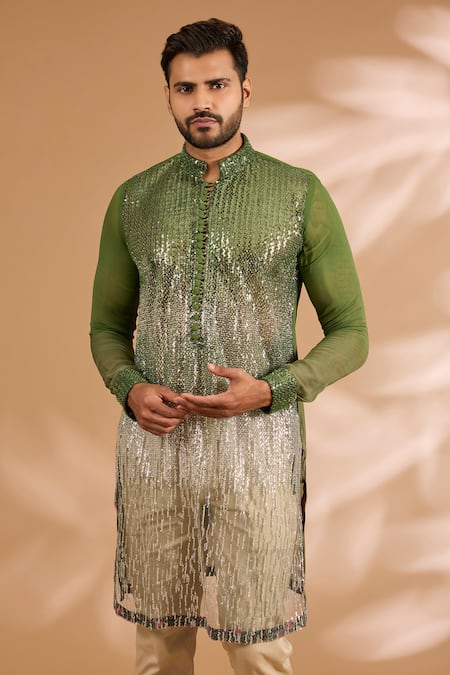 Shop Rabani & Rakha Green Georgette, Cotton, Silk Sequins, Beads And Cutdana Embroidered Kurta Set Online at Aza Fashions Shop_Rabani & Rakha_Green Georgette, Cotton, Silk Sequins, Beads And Cutdana Embroidered Kurta Set _Online_at_Aza_Fashions