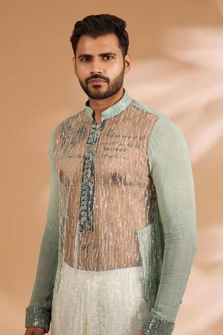 Buy Rabani & Rakha Green Georgette, Cotton, Silk Sequins, Shaded And Cutdana Embroidered Kurta Set Online at Aza Fashions Buy_Rabani & Rakha_Green Georgette, Cotton, Silk Sequins, Shaded And Cutdana Embroidered Kurta Set _Online_at_Aza_Fashions